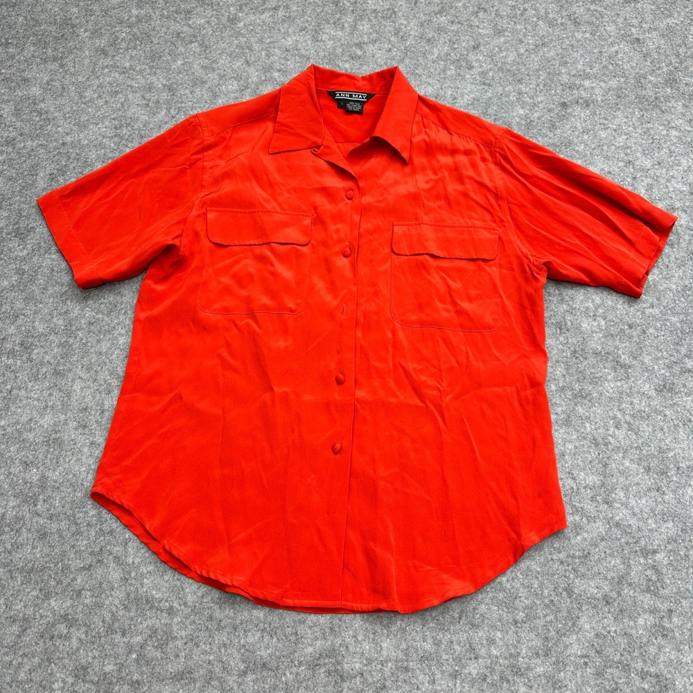 Ann May VTG 80s Red 100% Silk Short Sleeve Button Down Shirt Size 8 Colorful